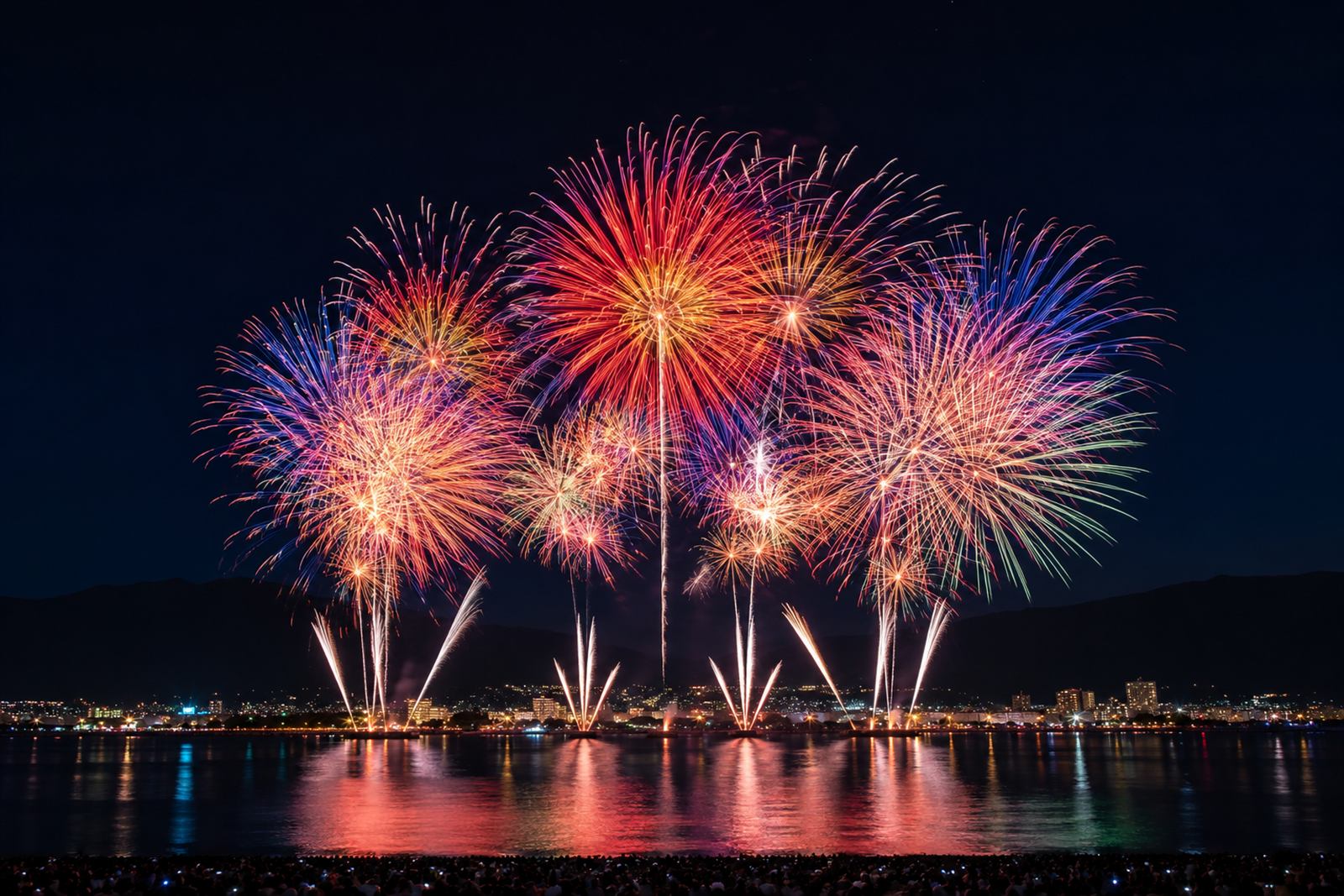 湖上に打ち上がる大輪の花火のイメージ画像（AI生成）